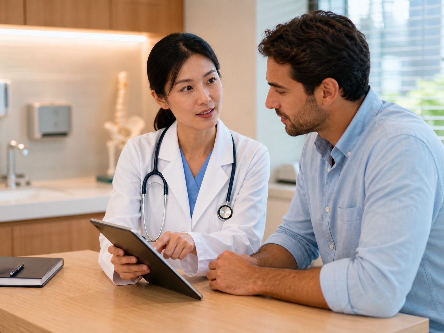 A PMT-affiliated doctor discussing a treatment plan with an international patient.