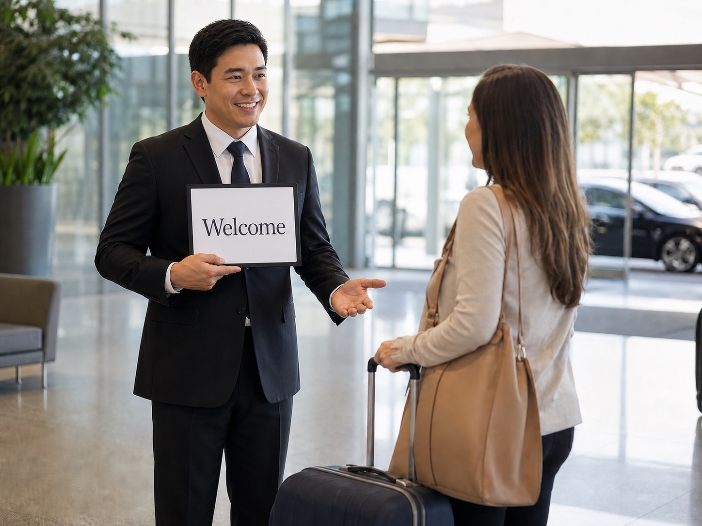 An Asian PMT coordinator welcoming a client with luggage at an airport arrival area in Thailand.
